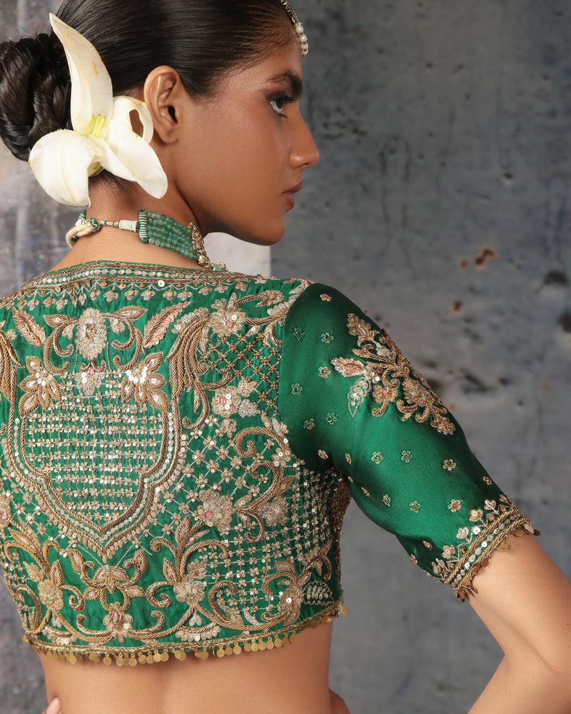 Zar-Rang Green Zardosi Lehenga Set kora silk, organza lehenga sets by Niti Bothra in green for women in Singapore