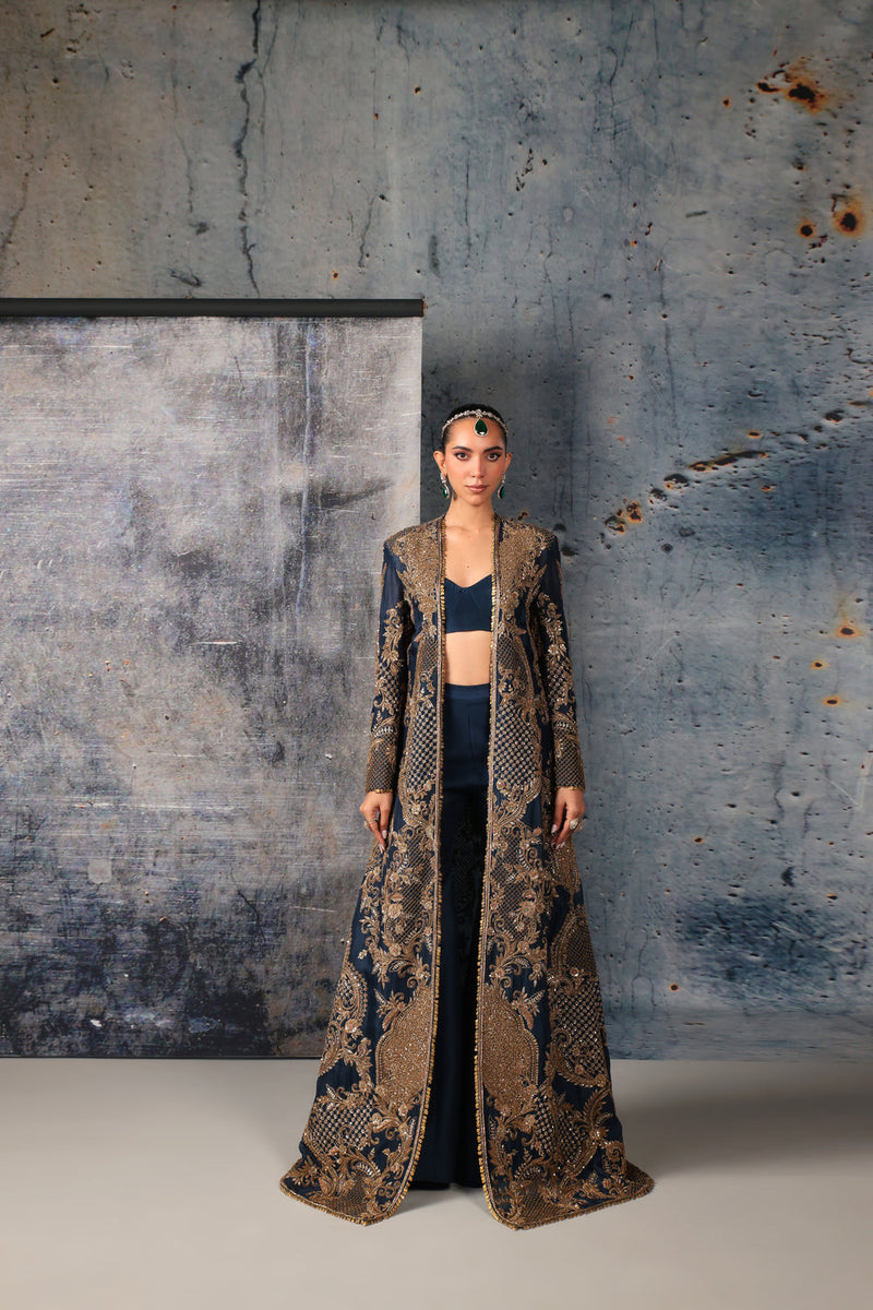 Zar-Rang Blue Long Jacket Set organza, silk tencel indowestern by Niti Bothra in blue for women in Singapore