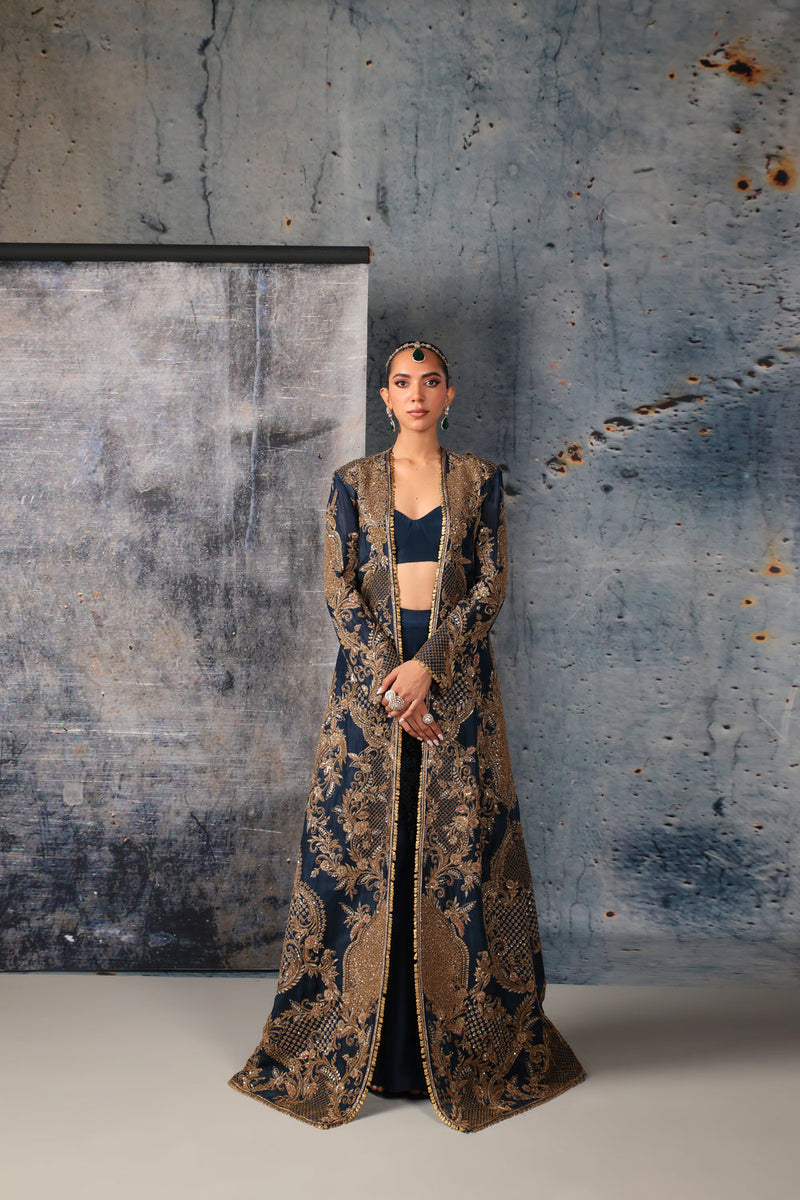 Zar-Rang Blue Long Jacket Set organza, silk tencel indowestern by Niti Bothra in blue for women in Singapore