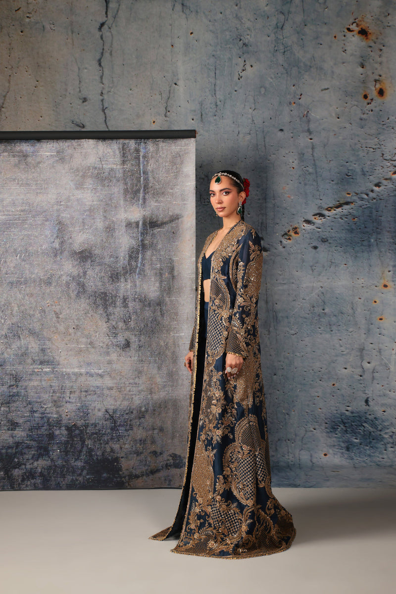 Zar-Rang Blue Long Jacket Set organza, silk tencel indowestern by Niti Bothra in blue for women in Singapore