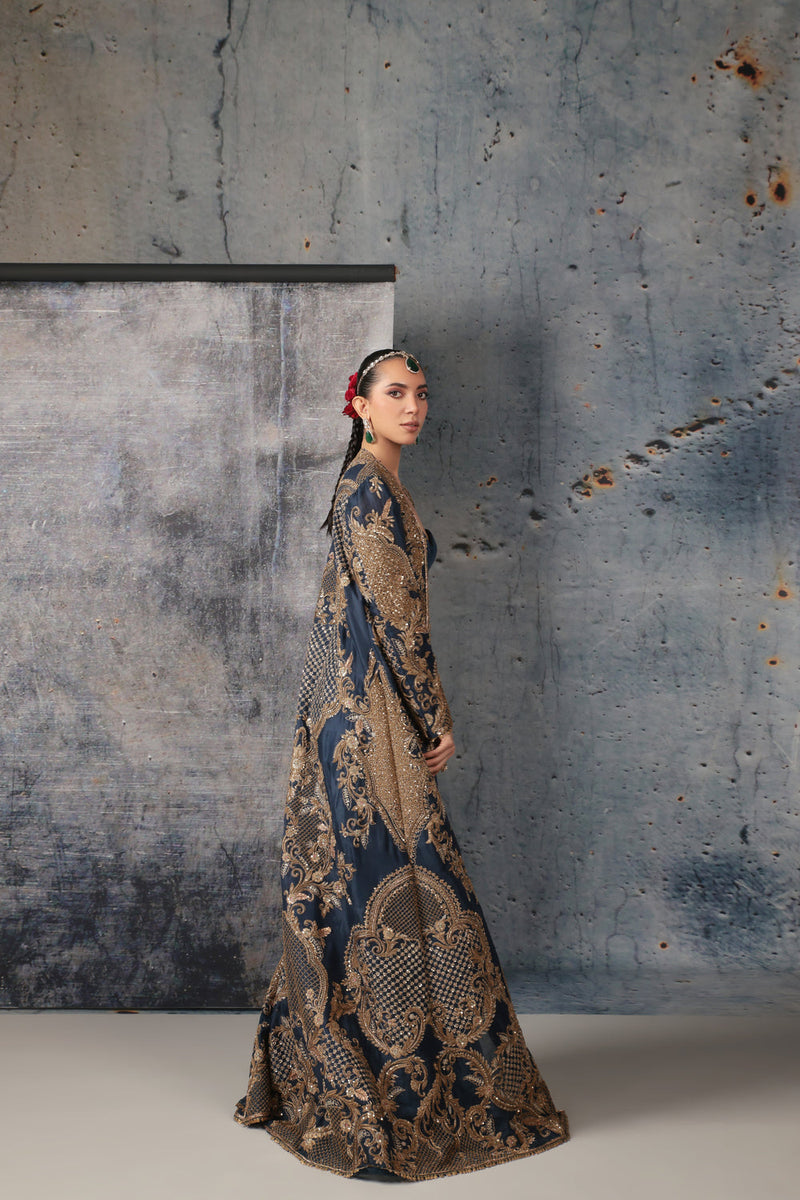 Zar-Rang Blue Long Jacket Set organza, silk tencel indowestern by Niti Bothra in blue for women in Singapore