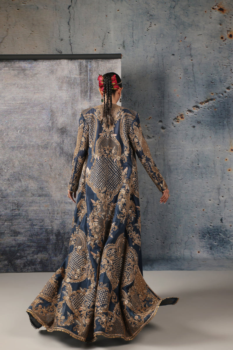 Zar-Rang Blue Long Jacket Set organza, silk tencel indowestern by Niti Bothra in blue for women in Singapore