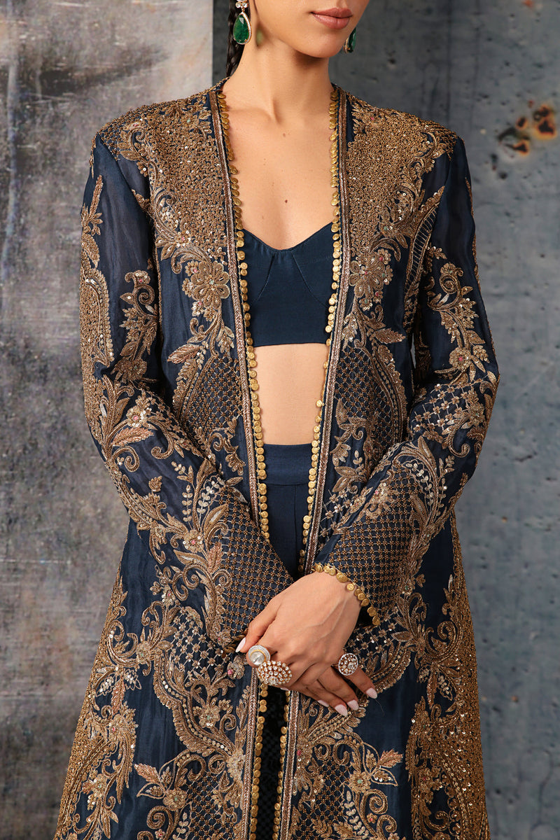 Zar-Rang Blue Long Jacket Set organza, silk tencel indowestern by Niti Bothra in blue for women in Singapore