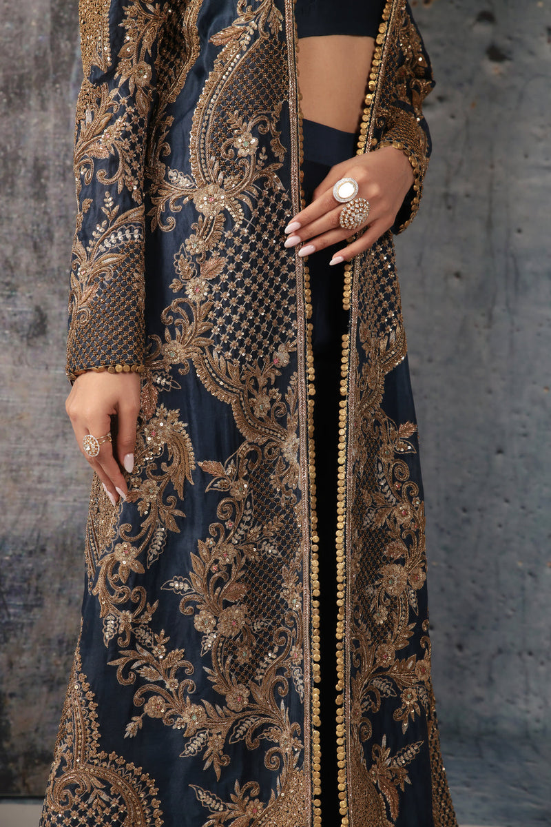 Zar-Rang Blue Long Jacket Set organza, silk tencel indowestern by Niti Bothra in blue for women in Singapore