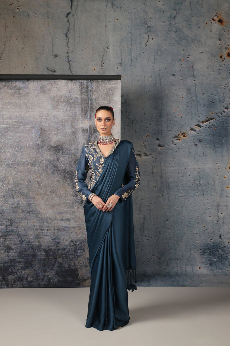 Zar-Rang Blue Jacket Saree Set bemberg satin, organza sarees by Niti Bothra in blue for women in Singapore
