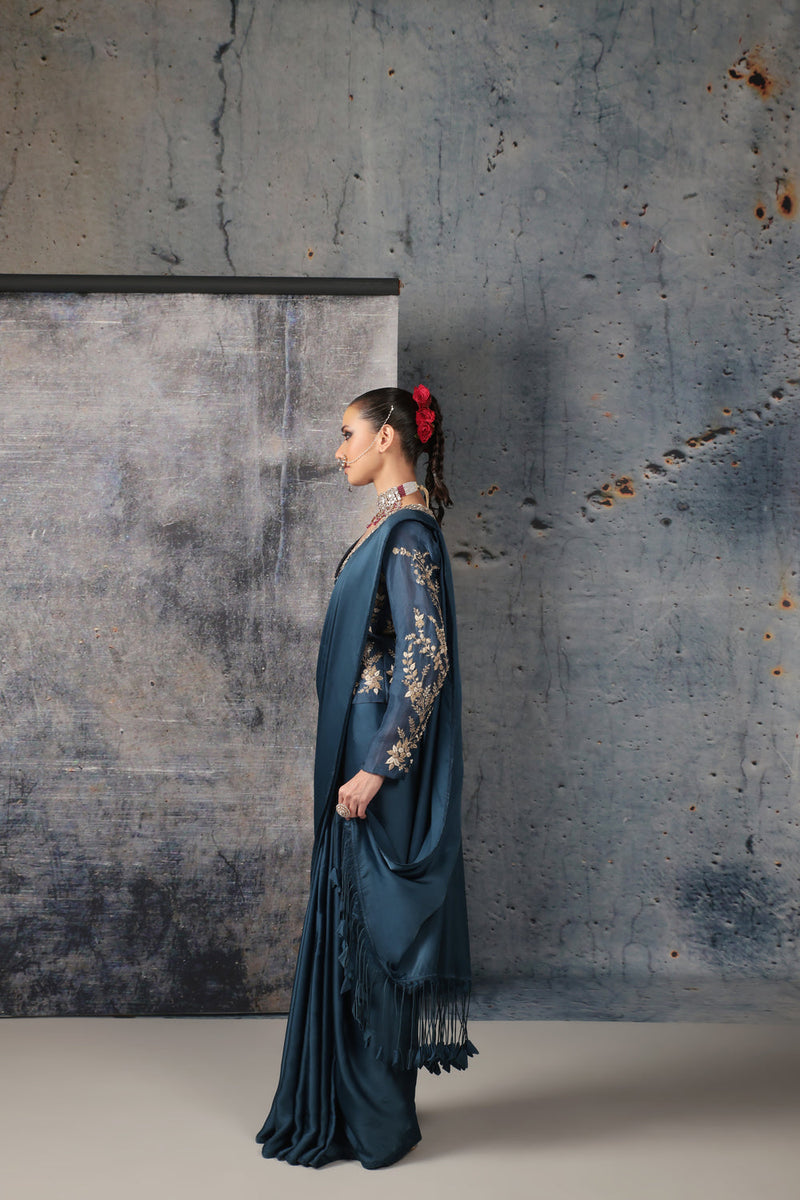 Zar-Rang Blue Jacket Saree Set bemberg satin, organza sarees by Niti Bothra in blue for women in Singapore