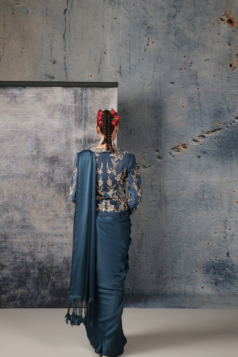 Zar-Rang Blue Jacket Saree Set bemberg satin, organza sarees by Niti Bothra in blue for women in Singapore
