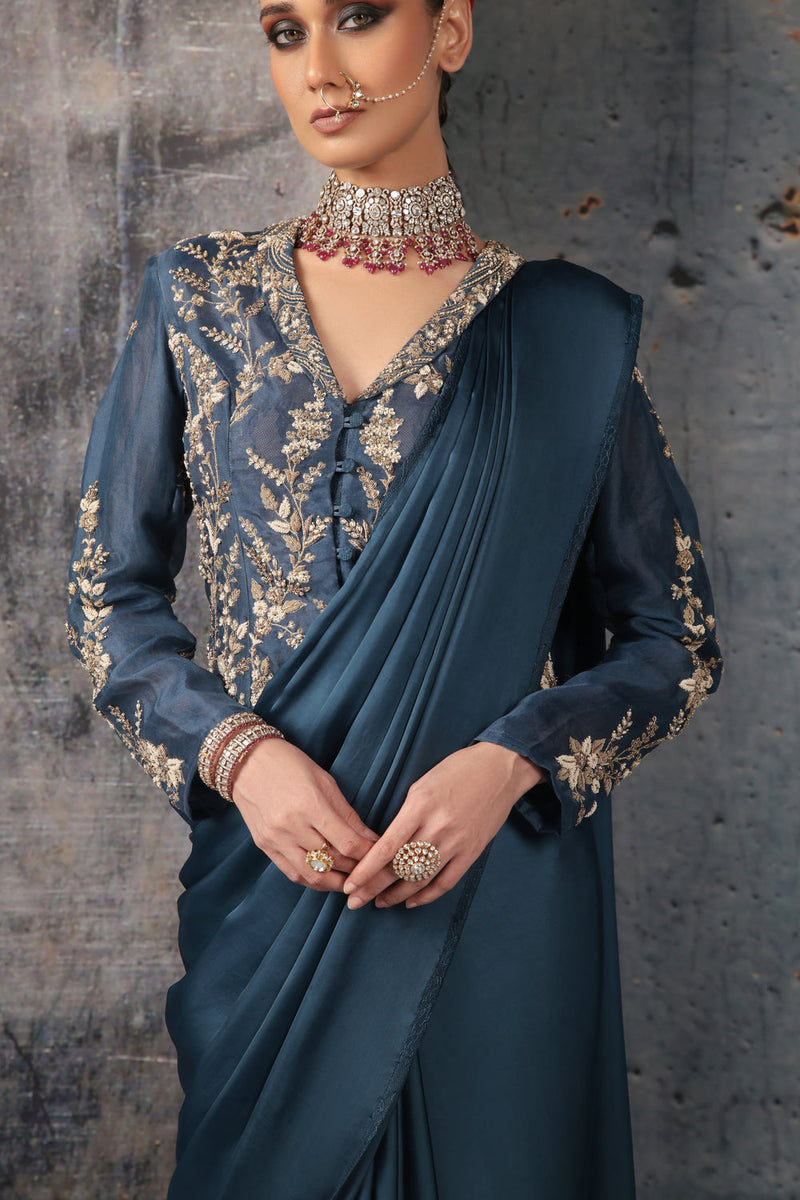Zar-Rang Blue Jacket Saree Set bemberg satin, organza sarees by Niti Bothra in blue for women in Singapore