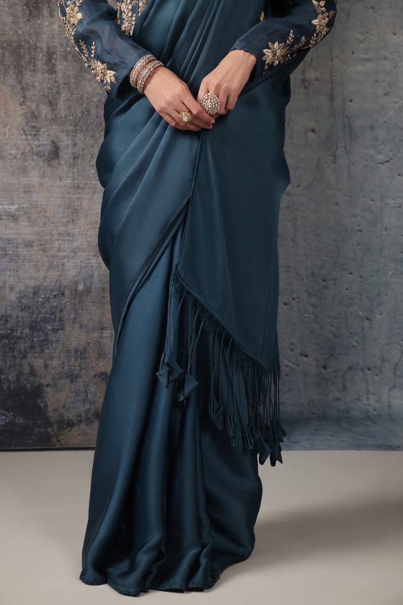 Zar-Rang Blue Jacket Saree Set bemberg satin, organza sarees by Niti Bothra in blue for women in Singapore