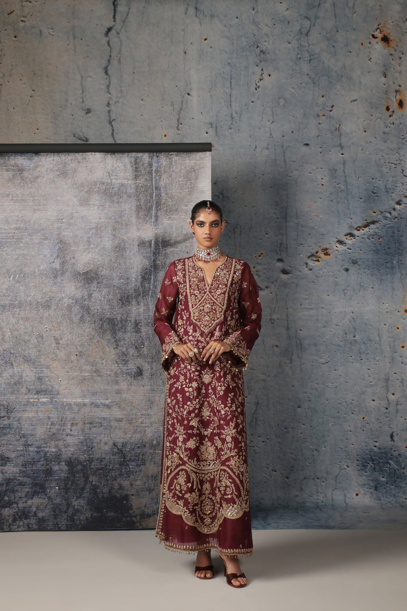 Zar-Rang Wine Long Jaal Kurta Set organza, silk tencel kurta/kurta set by Niti Bothra in wine for women in Singapore
