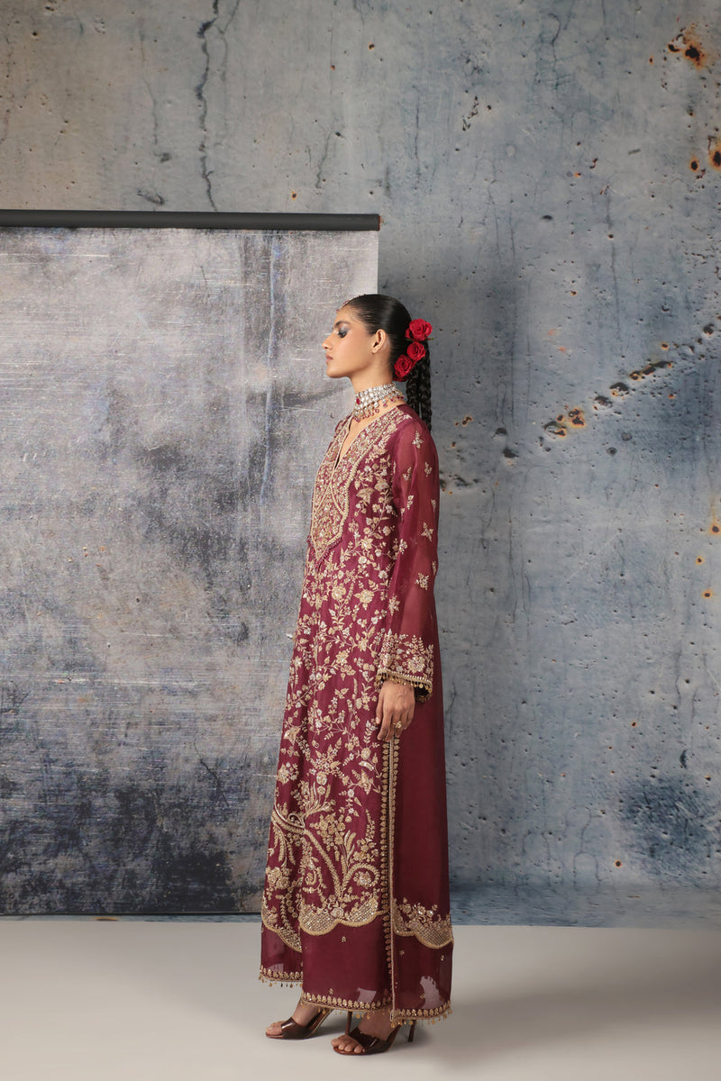 Zar-Rang Wine Long Jaal Kurta Set organza, silk tencel kurta/kurta set by Niti Bothra in wine for women in Singapore
