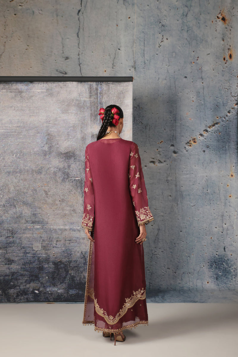 Zar-Rang Wine Long Jaal Kurta Set organza, silk tencel kurta/kurta set by Niti Bothra in wine for women in Singapore