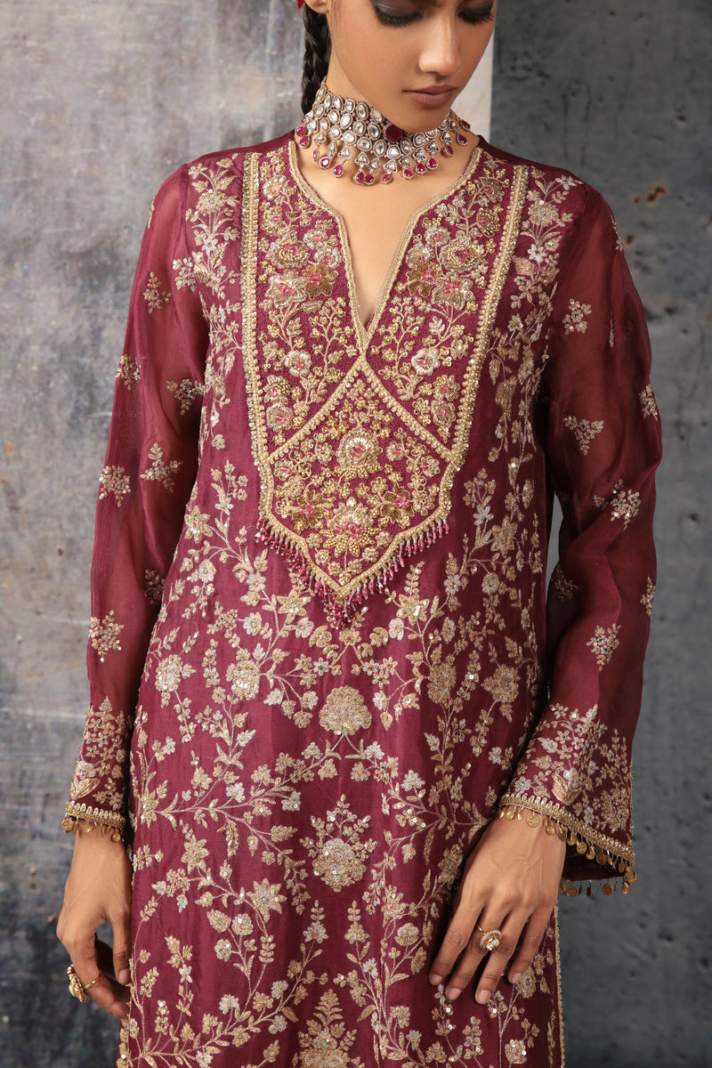 Zar-Rang Wine Long Jaal Kurta Set organza, silk tencel kurta/kurta set by Niti Bothra in wine for women in Singapore