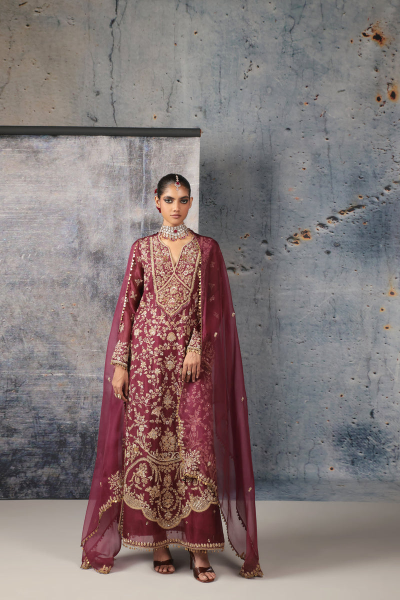 Zar-Rang Wine Long Jaal Kurta Set organza, silk tencel kurta/kurta set by Niti Bothra in wine for women in Singapore