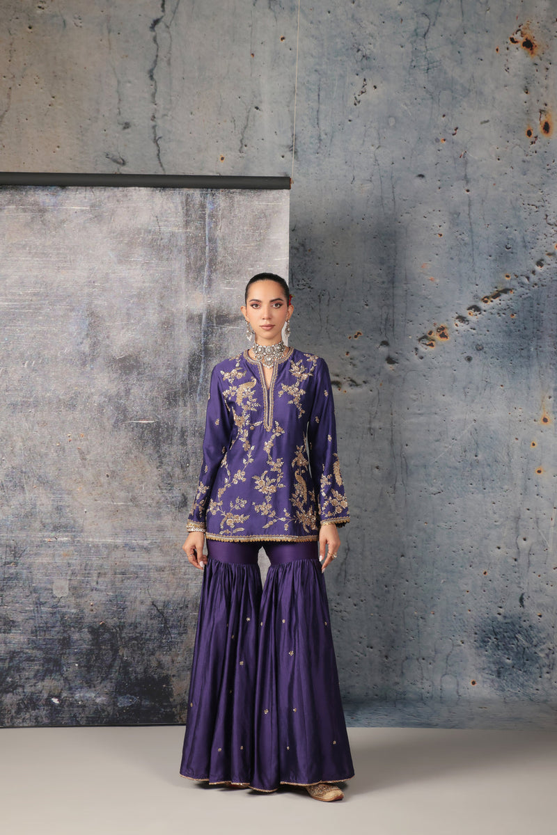 Zar-Rang Purple Jaal Sharara Set silk chanderi kurta/kurta set by Niti Bothra in purple for women in Singapore