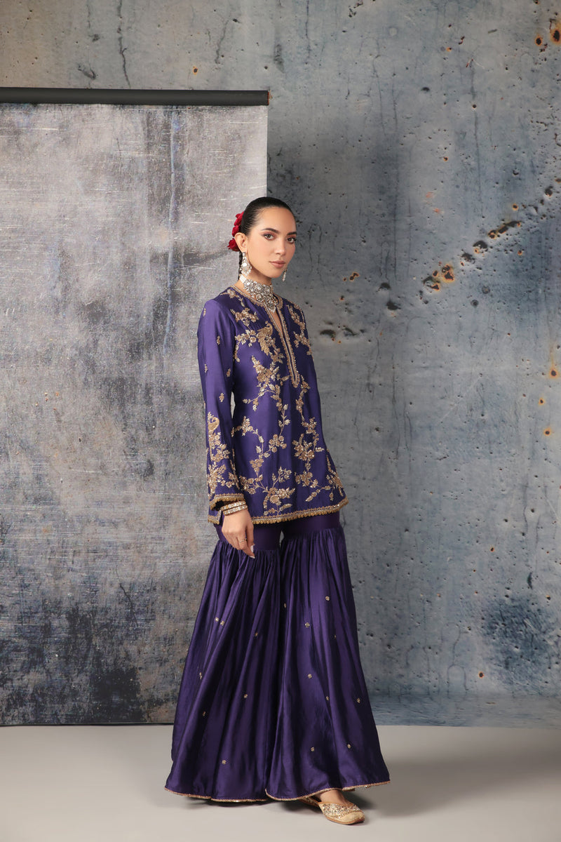 Zar-Rang Purple Jaal Sharara Set silk chanderi kurta/kurta set by Niti Bothra in purple for women in Singapore