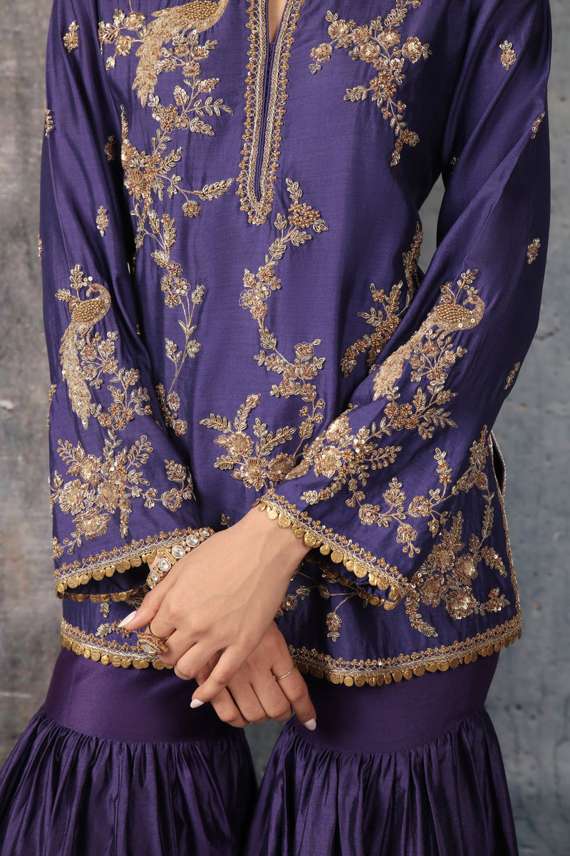 Zar-Rang Purple Jaal Sharara Set silk chanderi kurta/kurta set by Niti Bothra in purple for women in Singapore