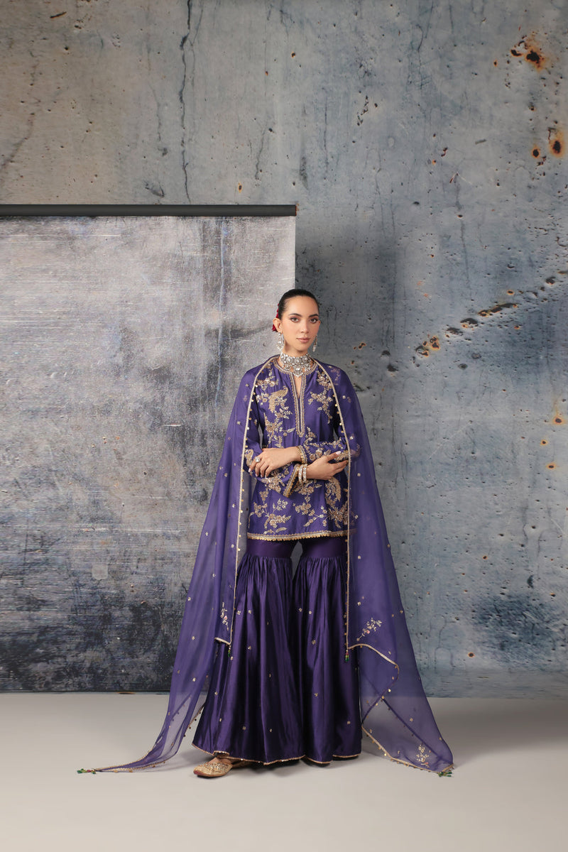 Zar-Rang Purple Jaal Sharara Set silk chanderi kurta/kurta set by Niti Bothra in purple for women in Singapore