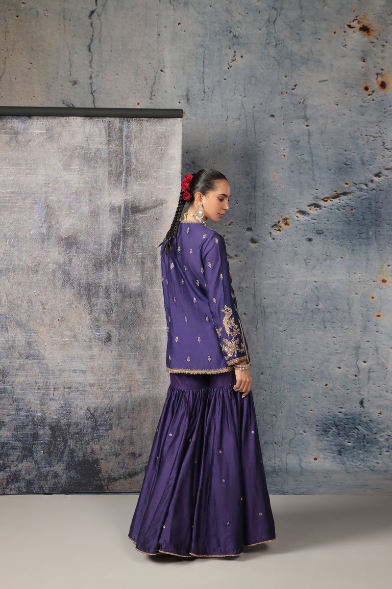 Zar-Rang Purple Jaal Sharara Set silk chanderi kurta/kurta set by Niti Bothra in purple for women in Singapore