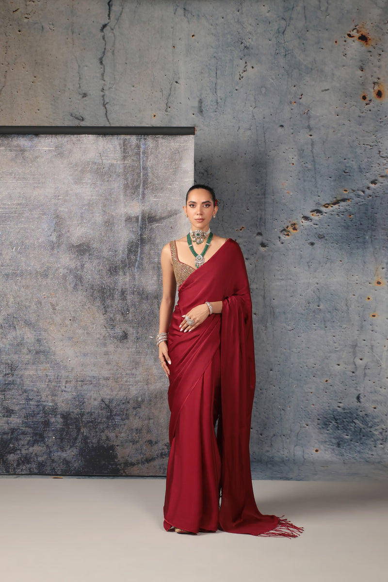 Zar-Rang Maroon Fringe Saree Set bemberg satin, kora silk sarees by Niti Bothra in maroon for women in Singapore