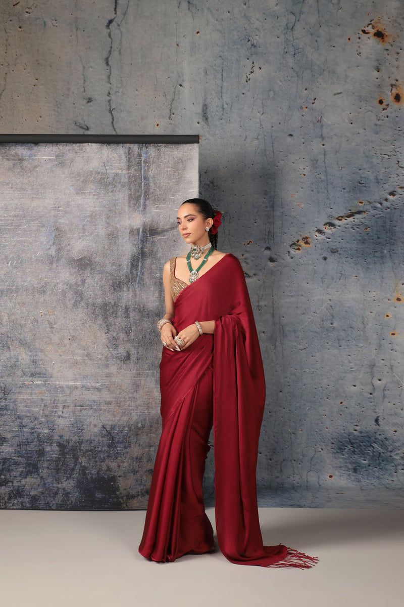 Zar-Rang Maroon Fringe Saree Set bemberg satin, kora silk sarees by Niti Bothra in maroon for women in Singapore