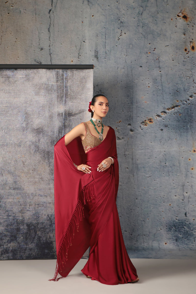 Zar-Rang Maroon Fringe Saree Set bemberg satin, kora silk sarees by Niti Bothra in maroon for women in Singapore