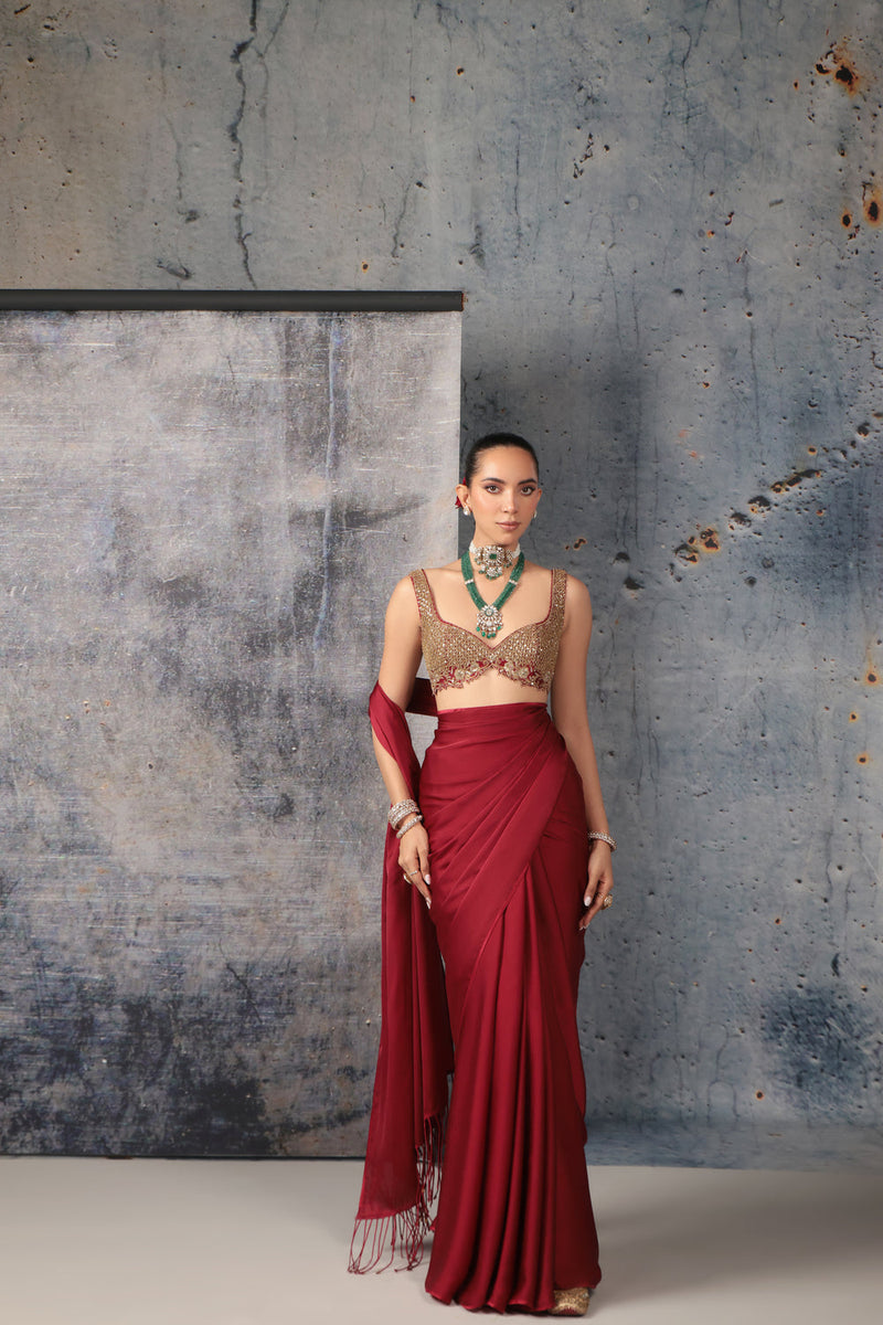 Zar-Rang Maroon Fringe Saree Set bemberg satin, kora silk sarees by Niti Bothra in maroon for women in Singapore