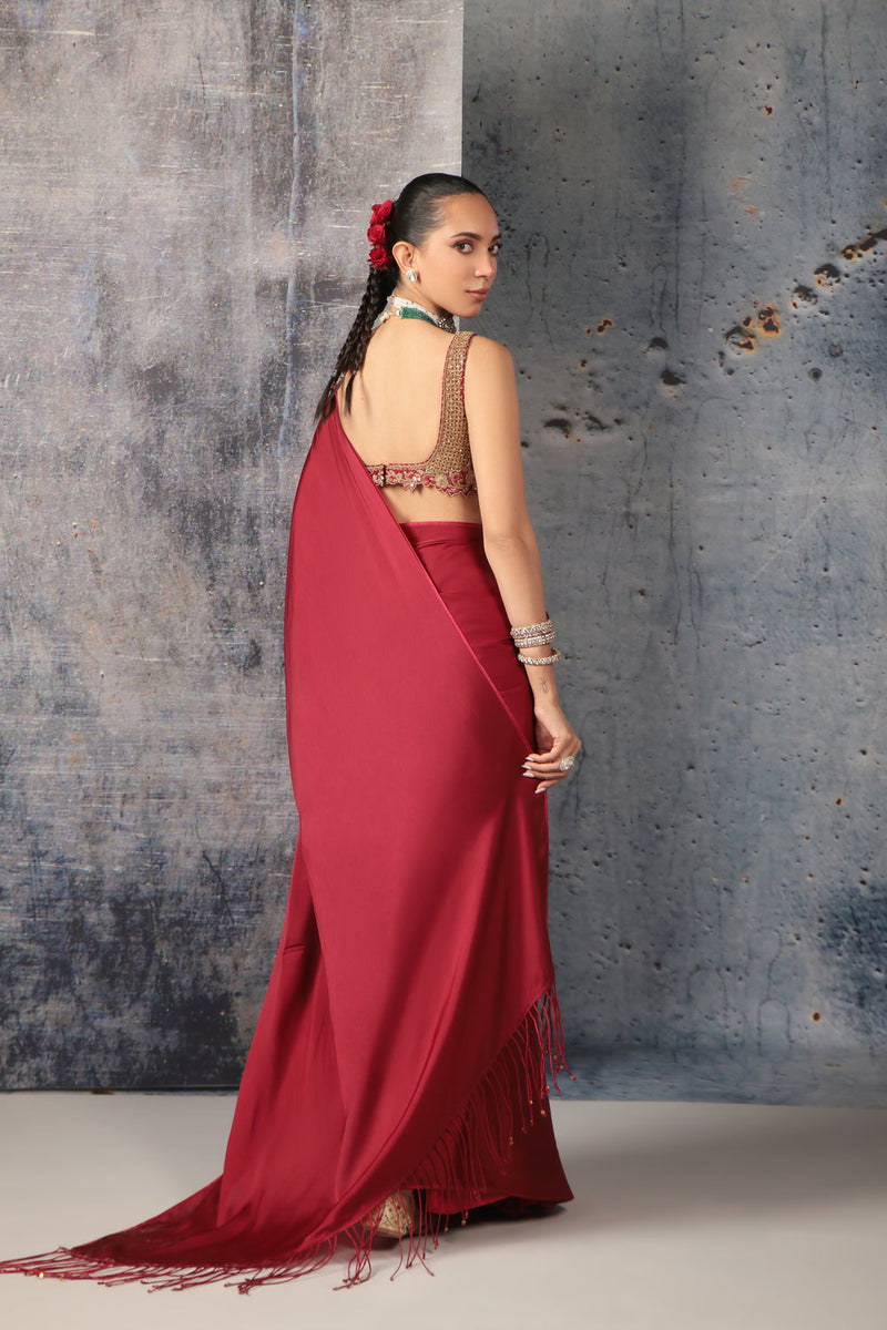 Zar-Rang Maroon Fringe Saree Set bemberg satin, kora silk sarees by Niti Bothra in maroon for women in Singapore