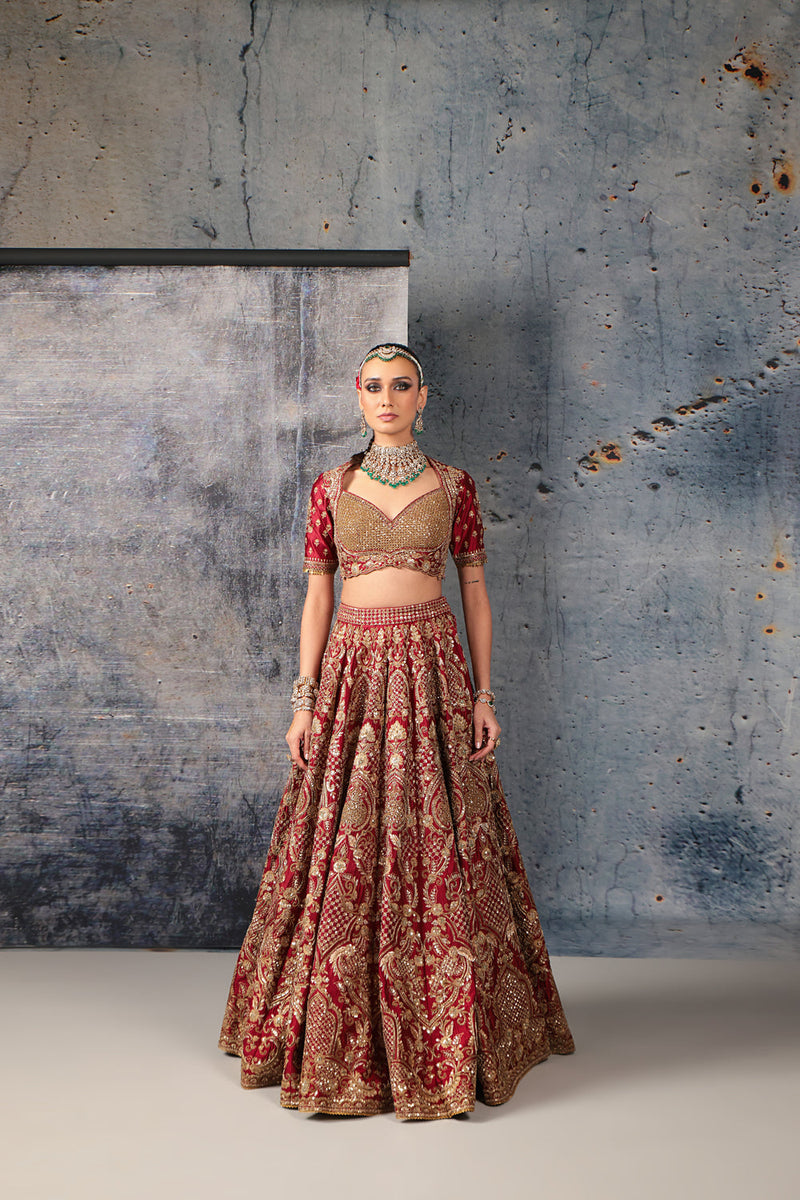 Zar-Rang Maroon Heavy Jaal Lehenga Set kora silk silk, organza lehenga sets by Niti Bothra in maroon for women in Singapore