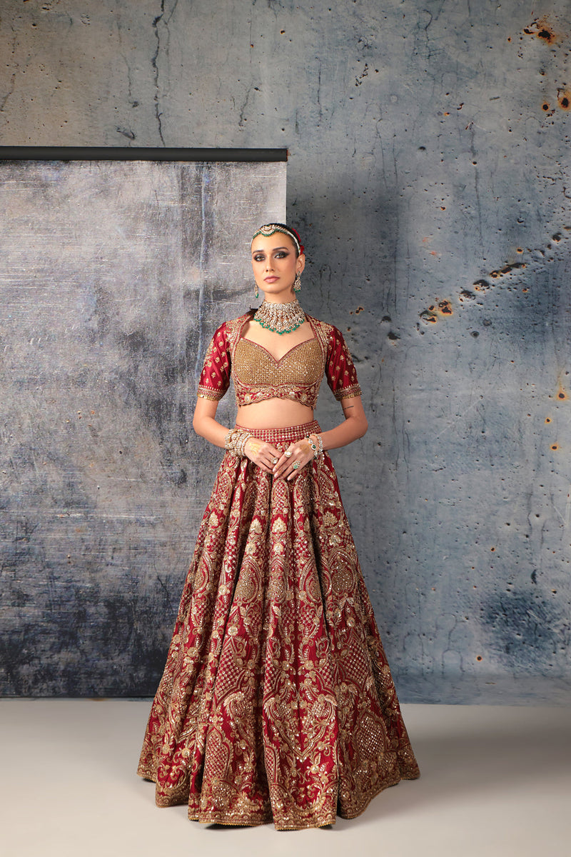 Zar-Rang Maroon Heavy Jaal Lehenga Set kora silk silk, organza lehenga sets by Niti Bothra in maroon for women in Singapore