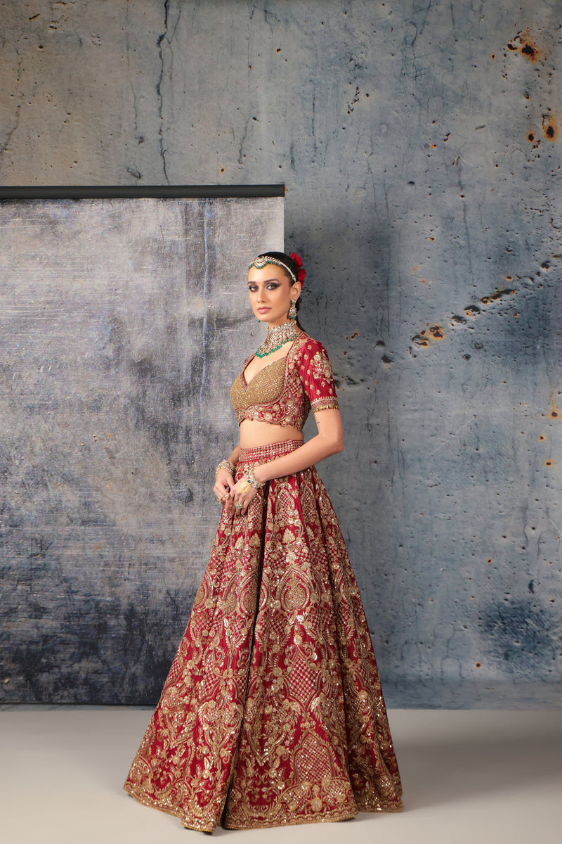 Zar-Rang Maroon Heavy Jaal Lehenga Set kora silk silk, organza lehenga sets by Niti Bothra in maroon for women in Singapore