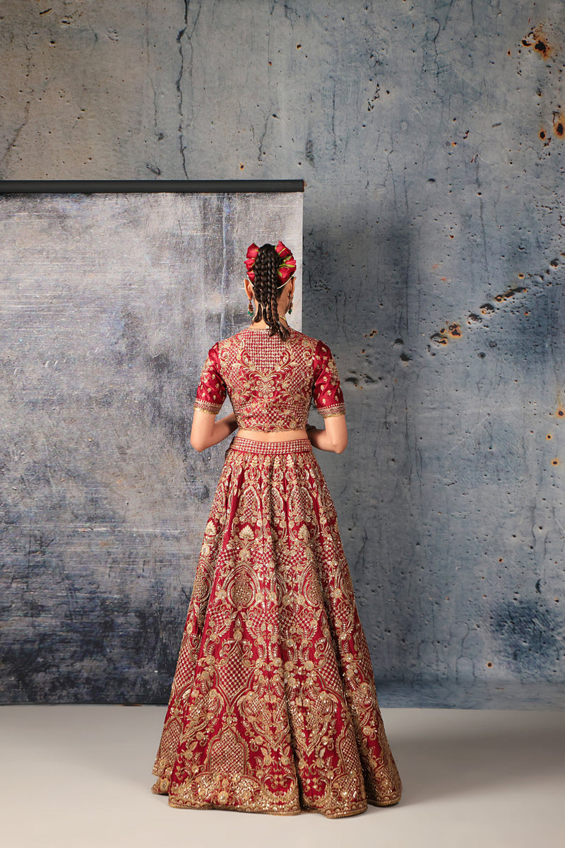 Zar-Rang Maroon Heavy Jaal Lehenga Set kora silk silk, organza lehenga sets by Niti Bothra in maroon for women in Singapore
