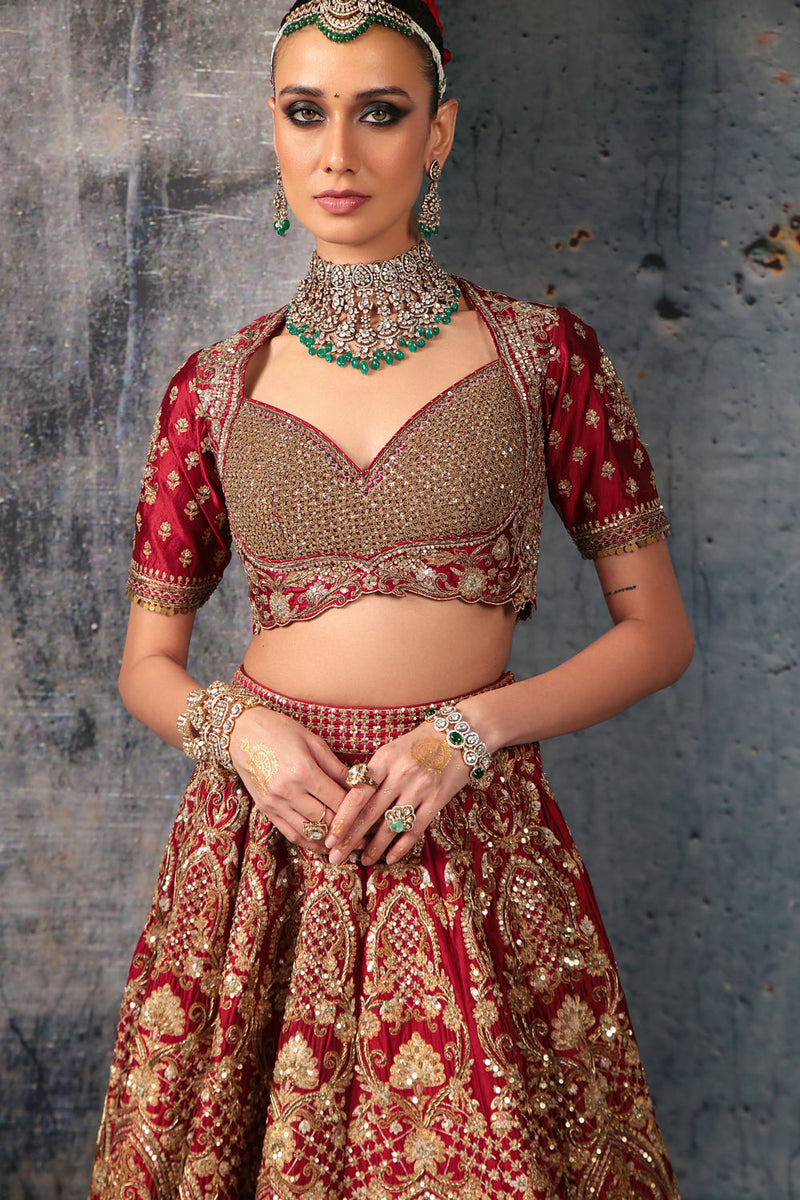 Zar-Rang Maroon Heavy Jaal Lehenga Set kora silk silk, organza lehenga sets by Niti Bothra in maroon for women in Singapore