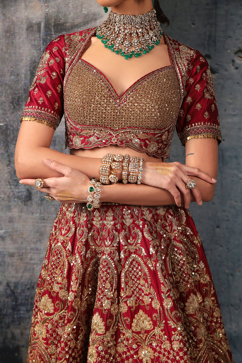 Zar-Rang Maroon Heavy Jaal Lehenga Set kora silk silk, organza lehenga sets by Niti Bothra in maroon for women in Singapore