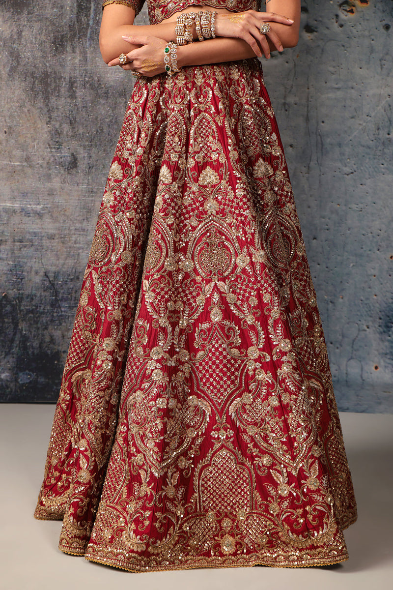 Zar-Rang Maroon Heavy Jaal Lehenga Set kora silk silk, organza lehenga sets by Niti Bothra in maroon for women in Singapore