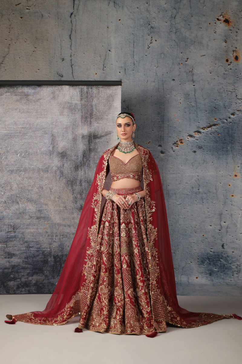Zar-Rang Maroon Heavy Jaal Lehenga Set kora silk silk, organza lehenga sets by Niti Bothra in maroon for women in Singapore