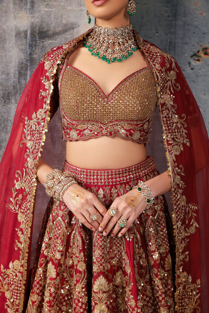 Zar-Rang Maroon Heavy Jaal Lehenga Set kora silk silk, organza lehenga sets by Niti Bothra in maroon for women in Singapore