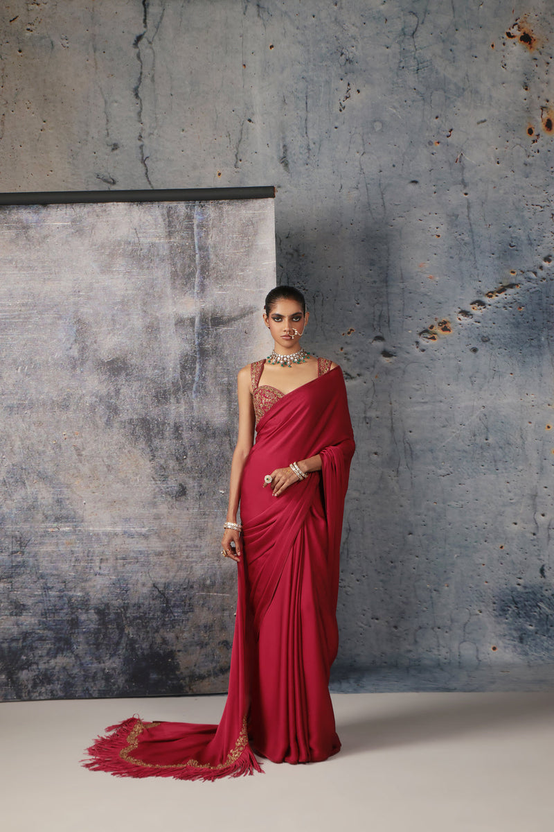 Zar-Rang Maroon Heavy Fringe Saree Set bemberg satin &chiniya silk sarees by Niti Bothra in maroon for women in Singapore
