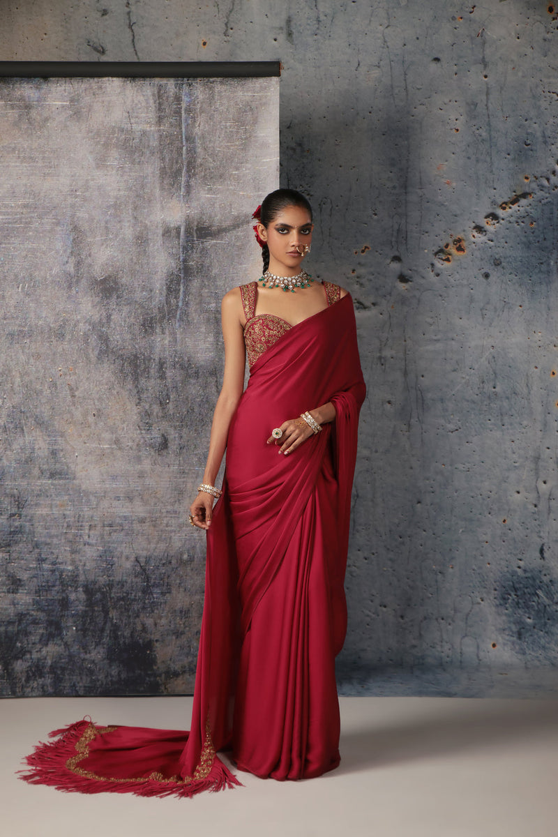 Zar-Rang Maroon Heavy Fringe Saree Set bemberg satin &chiniya silk sarees by Niti Bothra in maroon for women in Singapore