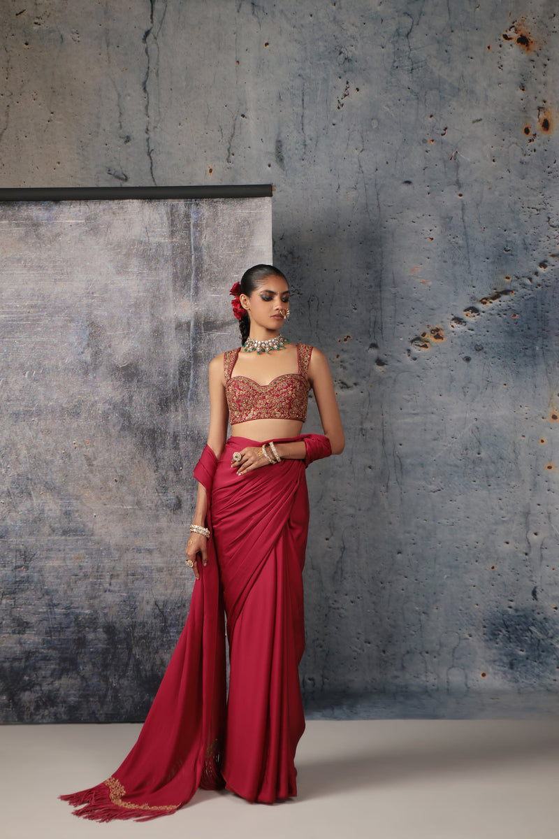 Zar-Rang Maroon Heavy Fringe Saree Set bemberg satin &chiniya silk sarees by Niti Bothra in maroon for women in Singapore