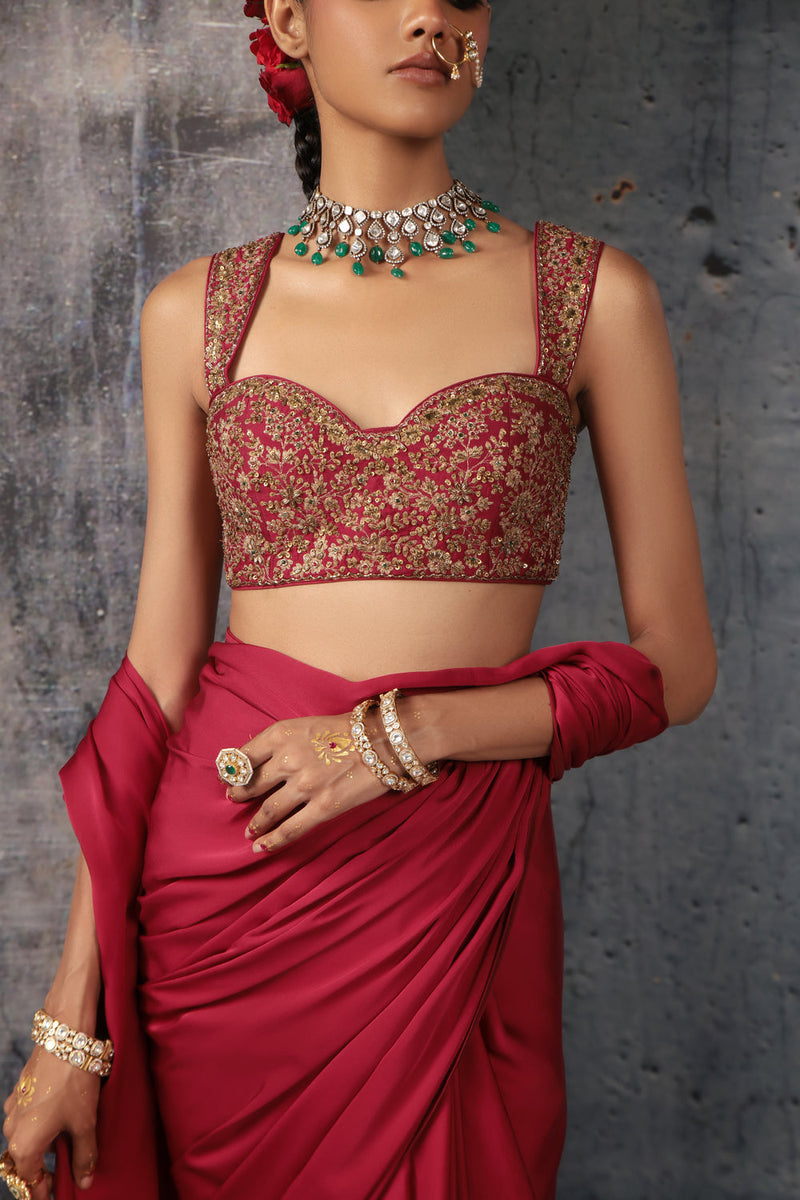 Zar-Rang Maroon Heavy Fringe Saree Set bemberg satin &chiniya silk sarees by Niti Bothra in maroon for women in Singapore