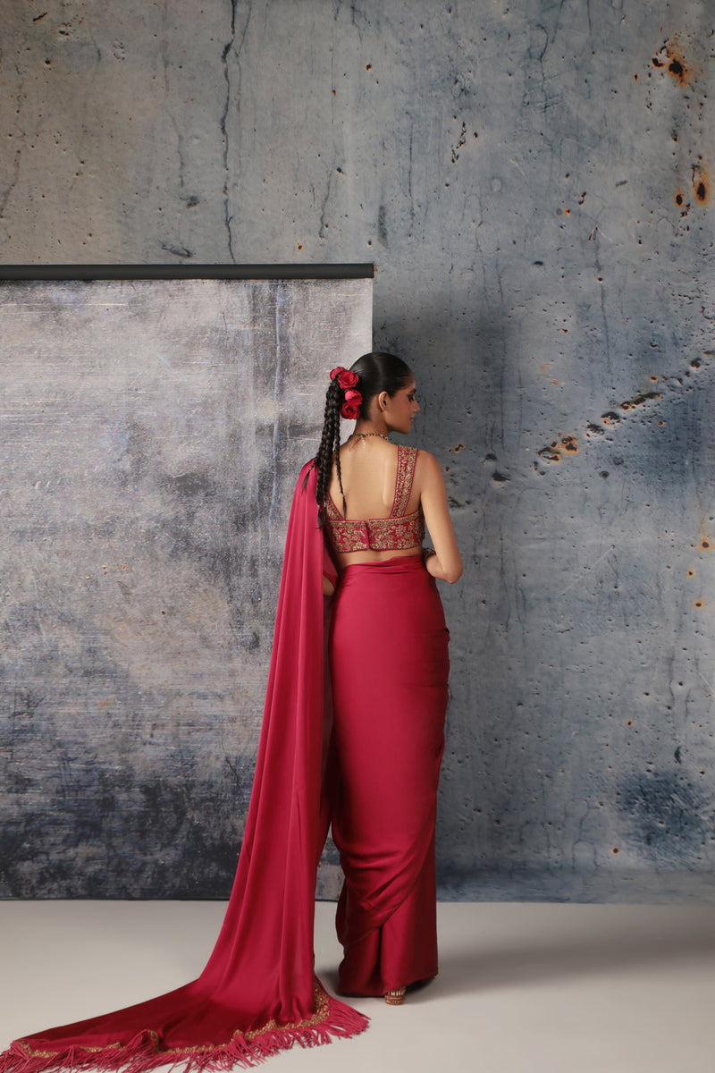 Zar-Rang Maroon Heavy Fringe Saree Set bemberg satin &chiniya silk sarees by Niti Bothra in maroon for women in Singapore