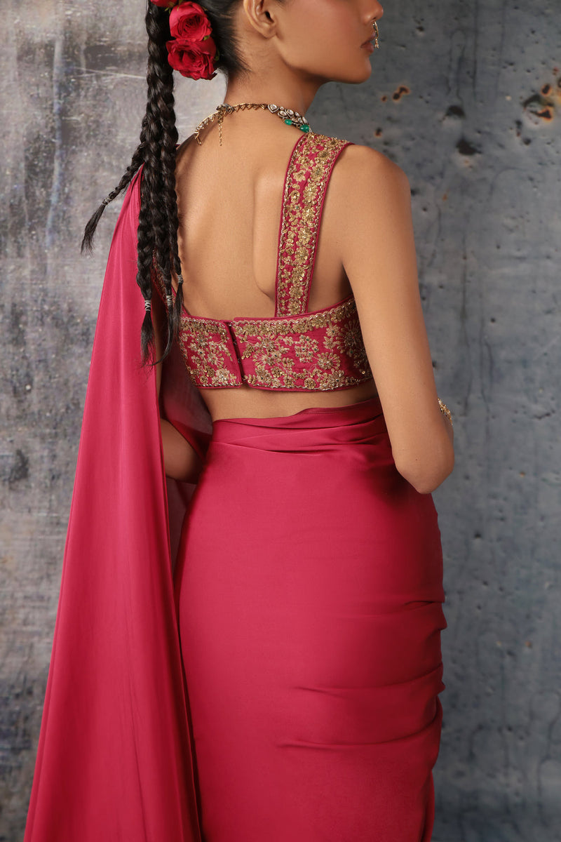 Zar-Rang Maroon Heavy Fringe Saree Set bemberg satin &chiniya silk sarees by Niti Bothra in maroon for women in Singapore