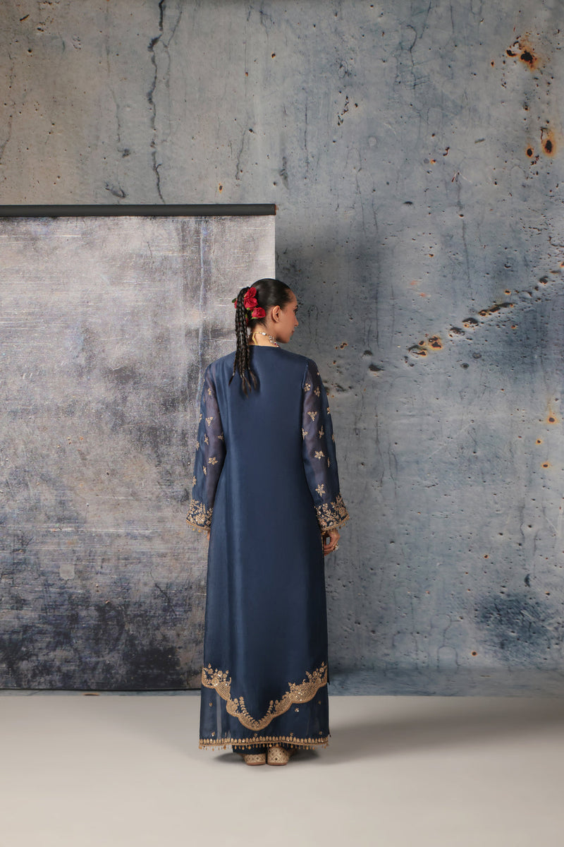 Zar-Rang Blue Long Jaal Kurta Set organza, silk tencel kurta/kurta set by Niti Bothra in blue for women in Singapore