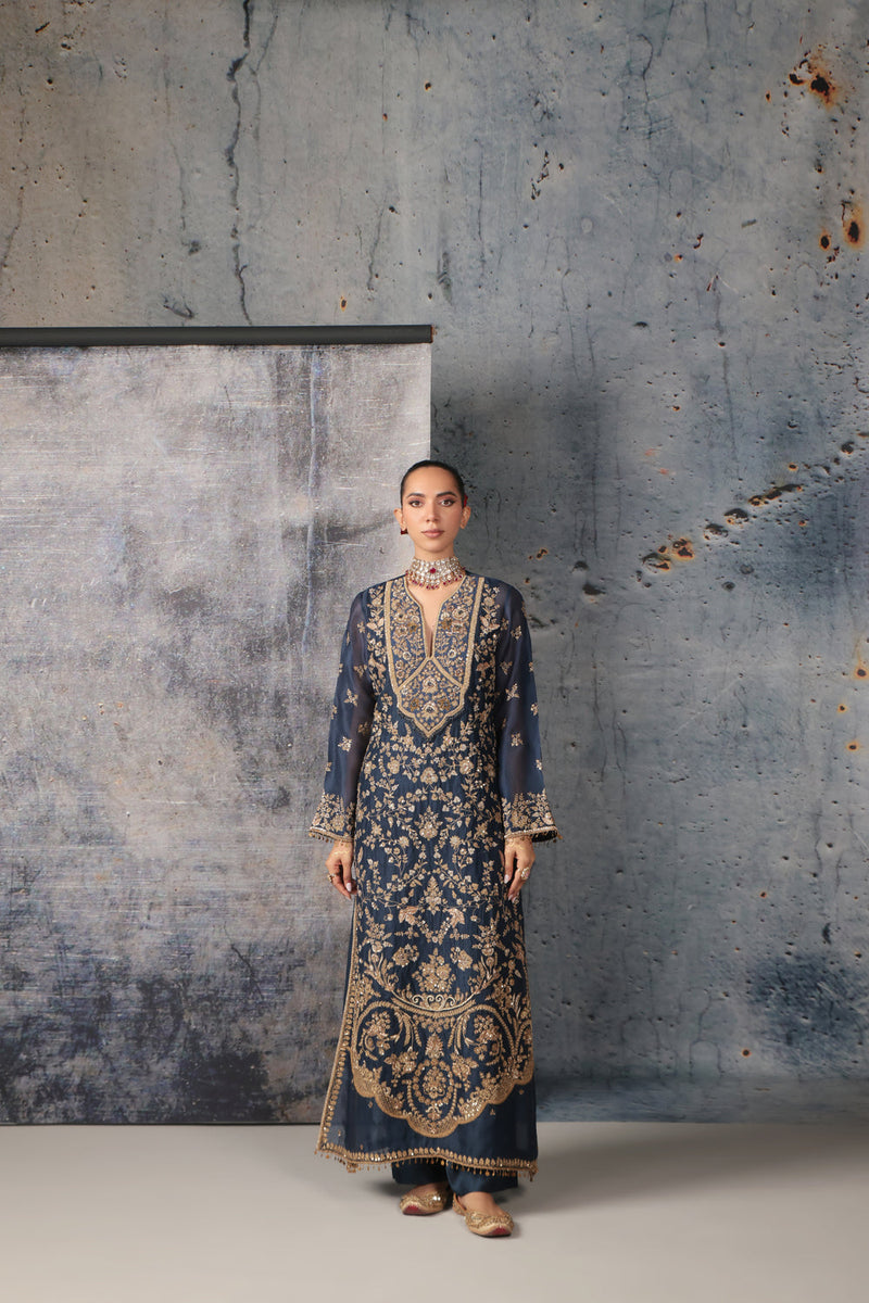 Zar-Rang Blue Long Jaal Kurta Set organza, silk tencel kurta/kurta set by Niti Bothra in blue for women in Singapore