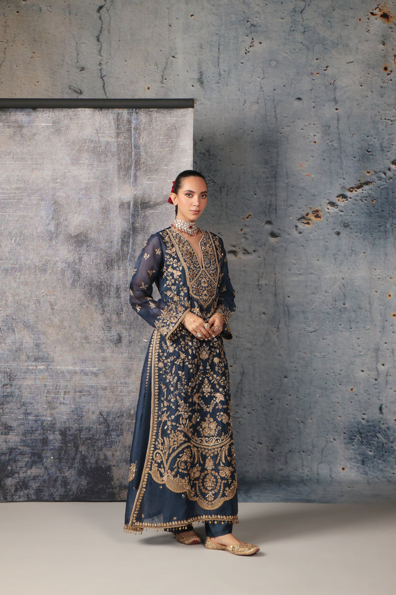 Zar-Rang Blue Long Jaal Kurta Set organza, silk tencel kurta/kurta set by Niti Bothra in blue for women in Singapore
