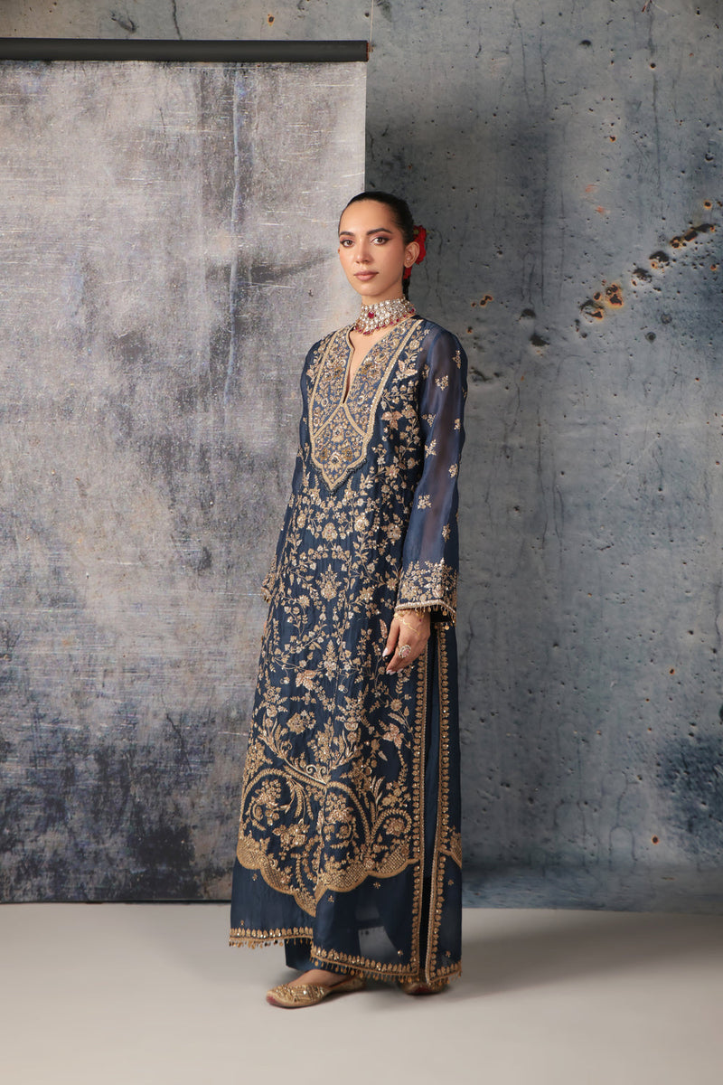 Zar-Rang Blue Long Jaal Kurta Set organza, silk tencel kurta/kurta set by Niti Bothra in blue for women in Singapore