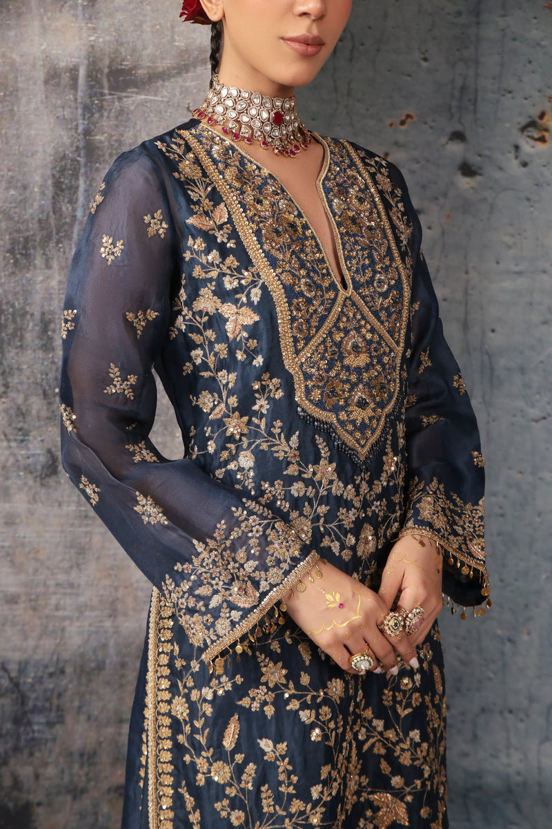 Zar-Rang Blue Long Jaal Kurta Set organza, silk tencel kurta/kurta set by Niti Bothra in blue for women in Singapore