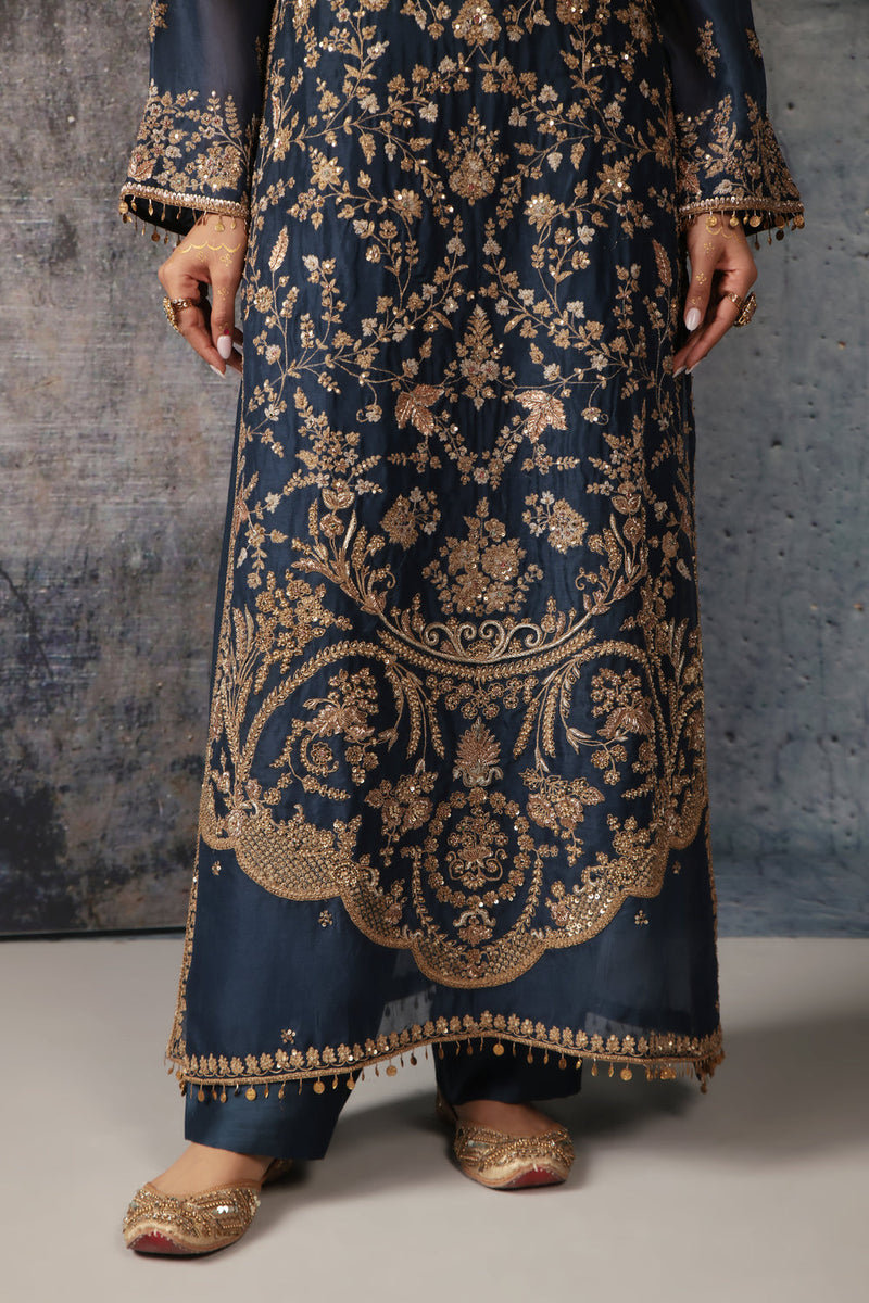 Zar-Rang Blue Long Jaal Kurta Set organza, silk tencel kurta/kurta set by Niti Bothra in blue for women in Singapore