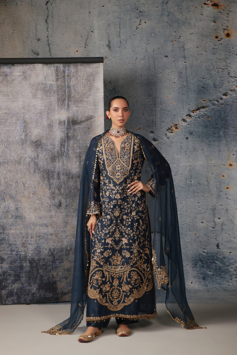 Zar-Rang Blue Long Jaal Kurta Set organza, silk tencel kurta/kurta set by Niti Bothra in blue for women in Singapore